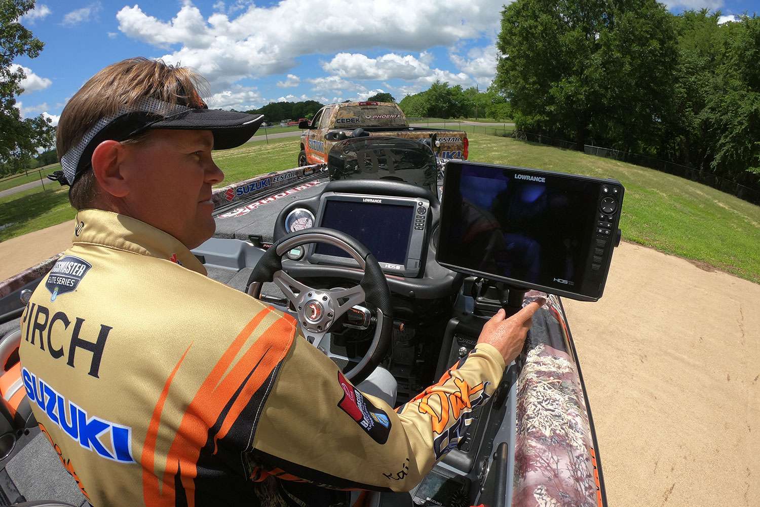 At his primary information center, you'll find two more Lowrance HDS units.