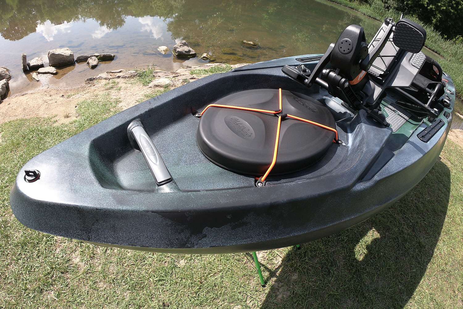 Starting at the front of the kayak, there is a waterproof hatch that allows for ample storage of additional gear.