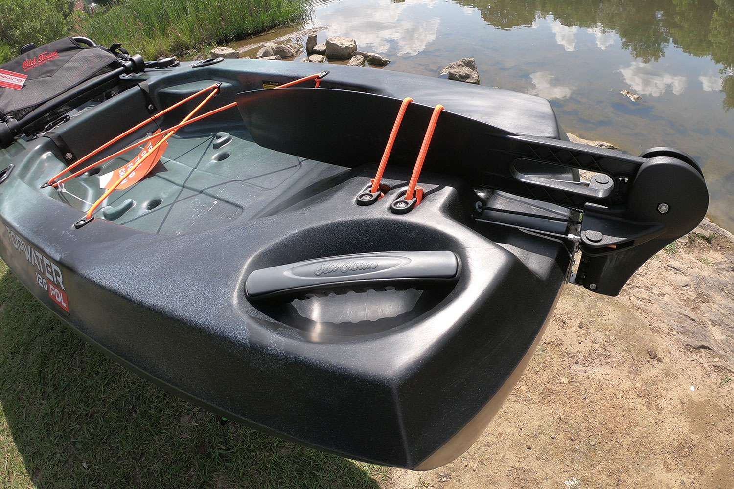 There are handles all over the place. Here's a convenient handle on the rear of the boat that helps in launching and landing the kayak.  