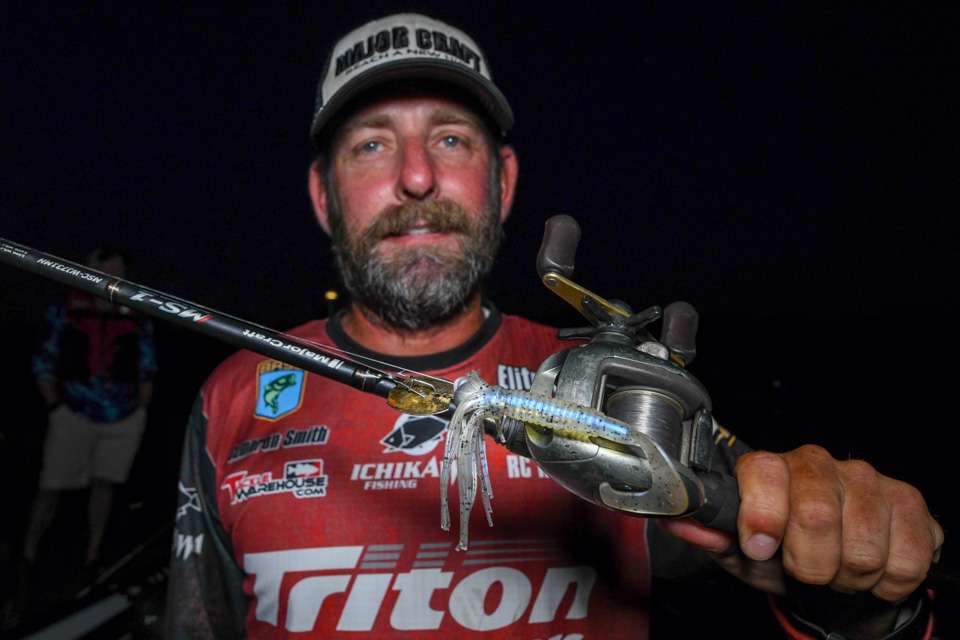 Cameron Smith (10th, 33-12) <BR><BR>
He used a three-pronged approach to cover the water column with a custom made P.B. Rat, a Chatterbait and a drop-shot. âI caught a good one each day on that rat,â Smith said. âThe key was a special creek that had to have just the right water clarity and a lot of fish in it. That bigger, crazy-looking bait that theyâve never seen before was able to draw bigger strikes.â He said he trailed the Chatterbait with a blue-colored single tail Berkley hula grub, and Smith was drop-shotting with a Zoom finesse worm in any dark color, but primarily June bug.
