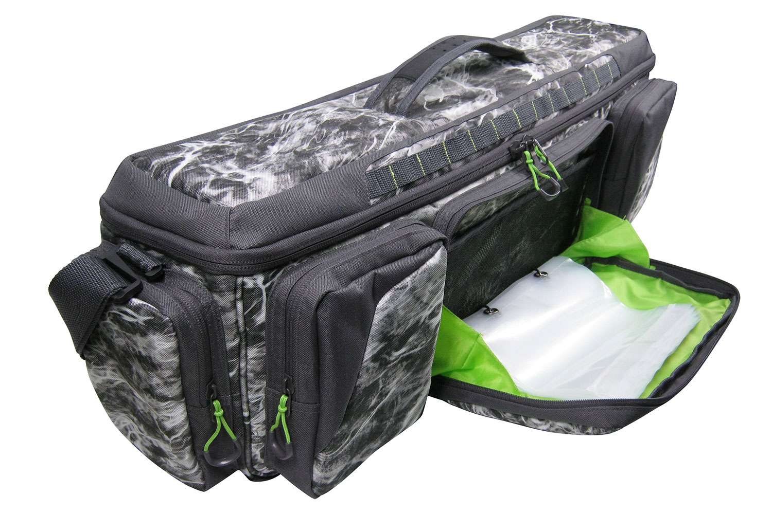     <B>Mossy Oak Large Mouth Double Tackle Backpack</B>
<BR>The tackle bag comes standard with durable 600-denier polyester, and it's built like a high-capacity, double-decker backpack. The large-mouth opening for quick access, and also features padded top-carry handle, gusseted exterior zipper pockets, padded backpack straps with sternum strap. It also has exterior EVA plier holster on side pocket, holds up to four - 3600 tackle trays in top compartment. The bottom compartment tray storage holds up to three trays and come with three trays. The bag measures: 18 x 16 x 7 1/2 inches.
<BR>
<B>MSRP: $89.99</B>