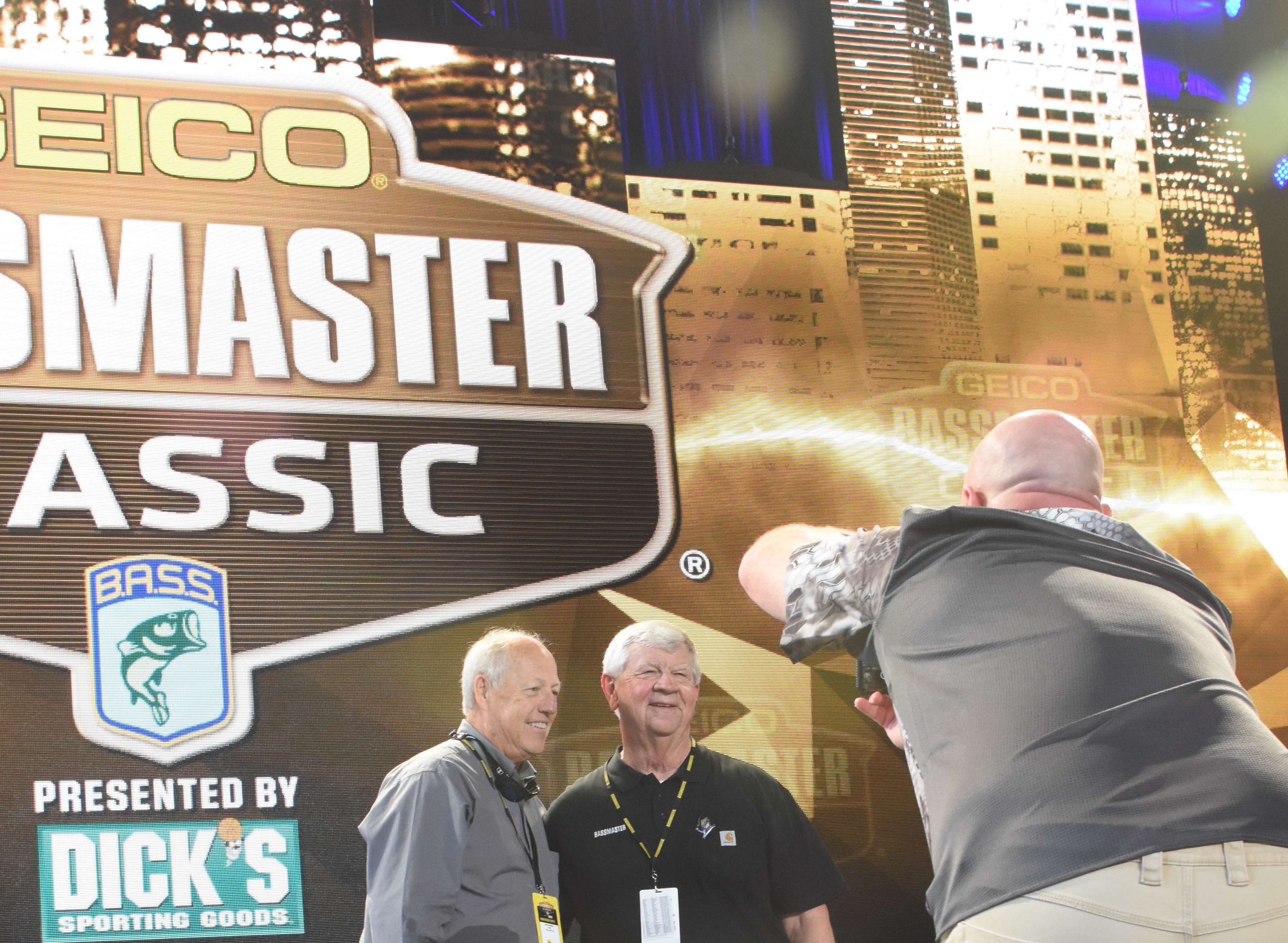 He was a fixture at the Bassmaster Classic. Here, he is pictured with Ron Guidice on the Classic stage prior to weigh-in.
