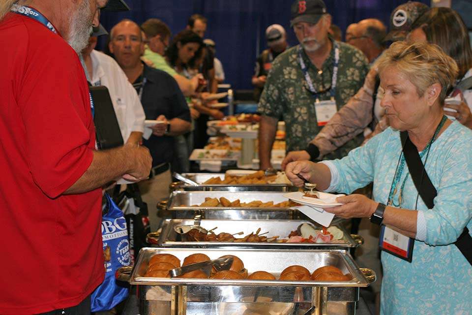 Media and buyers enjoy heavy appetizers as well as cold drinks -- the spread brings in more voters and seems to keep them there longer. The New Product Showcase is also a time to meet up with old friends.