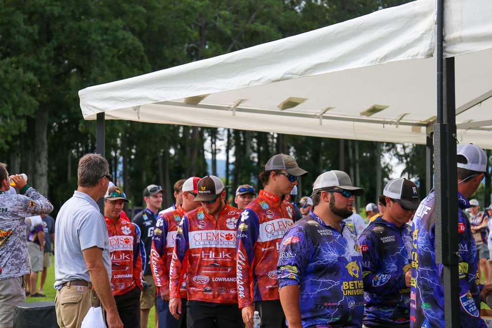 While in line, the anglers are divided into small groups to meet with an Elite Series pro or an industry representative. 