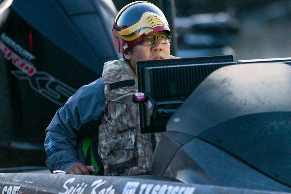 Kota Kiriyama prepares for the start of the final day of competition at the Bass Pro Bassmaster Eastern Open at the James River. He was second going into todayâs competition.