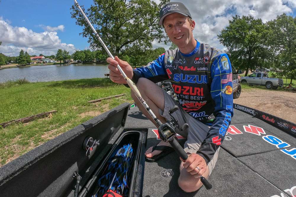 Here's one that has done some work for him this week- 7 foot Abu Garcia Veritas medium action rod with a Revo MGX high speed reel spooled with 40-pound camo colored Duel Hardcore Super 8 braid. Tied on is his favorite topwater bait of all time, the Yo-Zuri 3DB Pencil. He says he's made a lot of money with that one. In the warm months, he's throwing it everywhere he goes. 