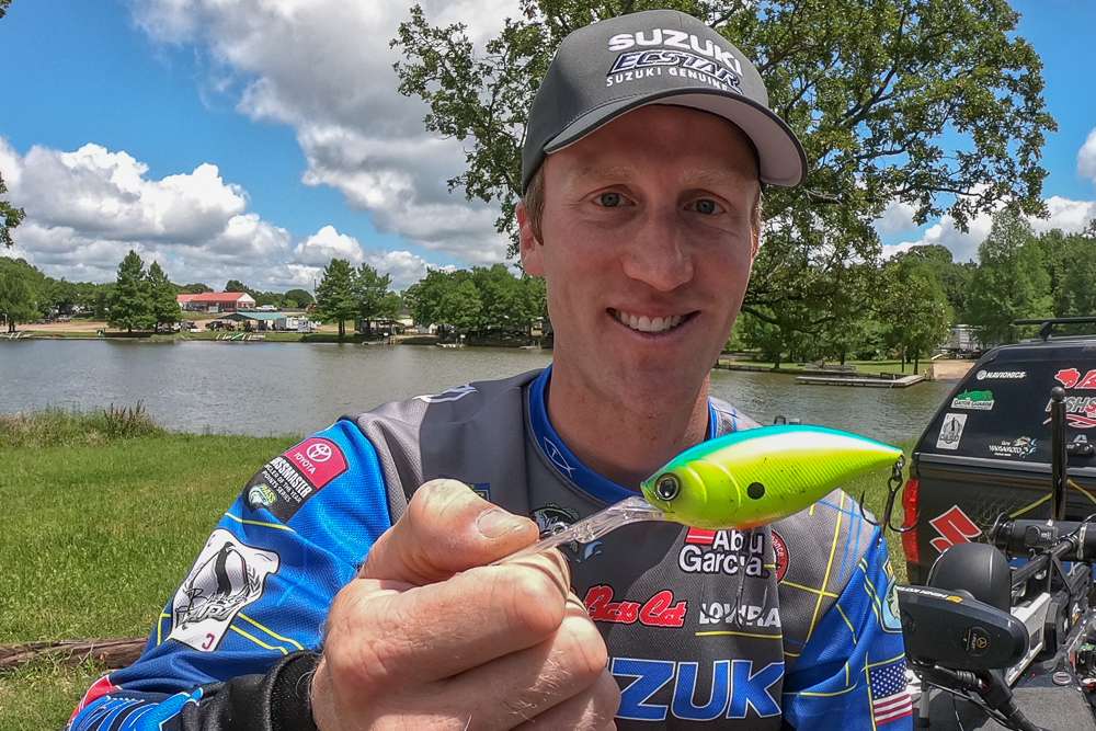 One more bait he loves, the Duel Hardcore Crank 4+. It's a 14- to 16-foot medium-to-deep crankbait.  He says he can cast it very far. 