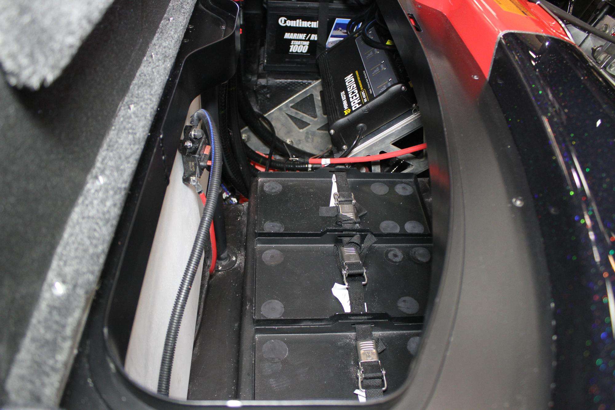 The rigging compartment features raised battery platforms to make it easier to put batteries in the boat.