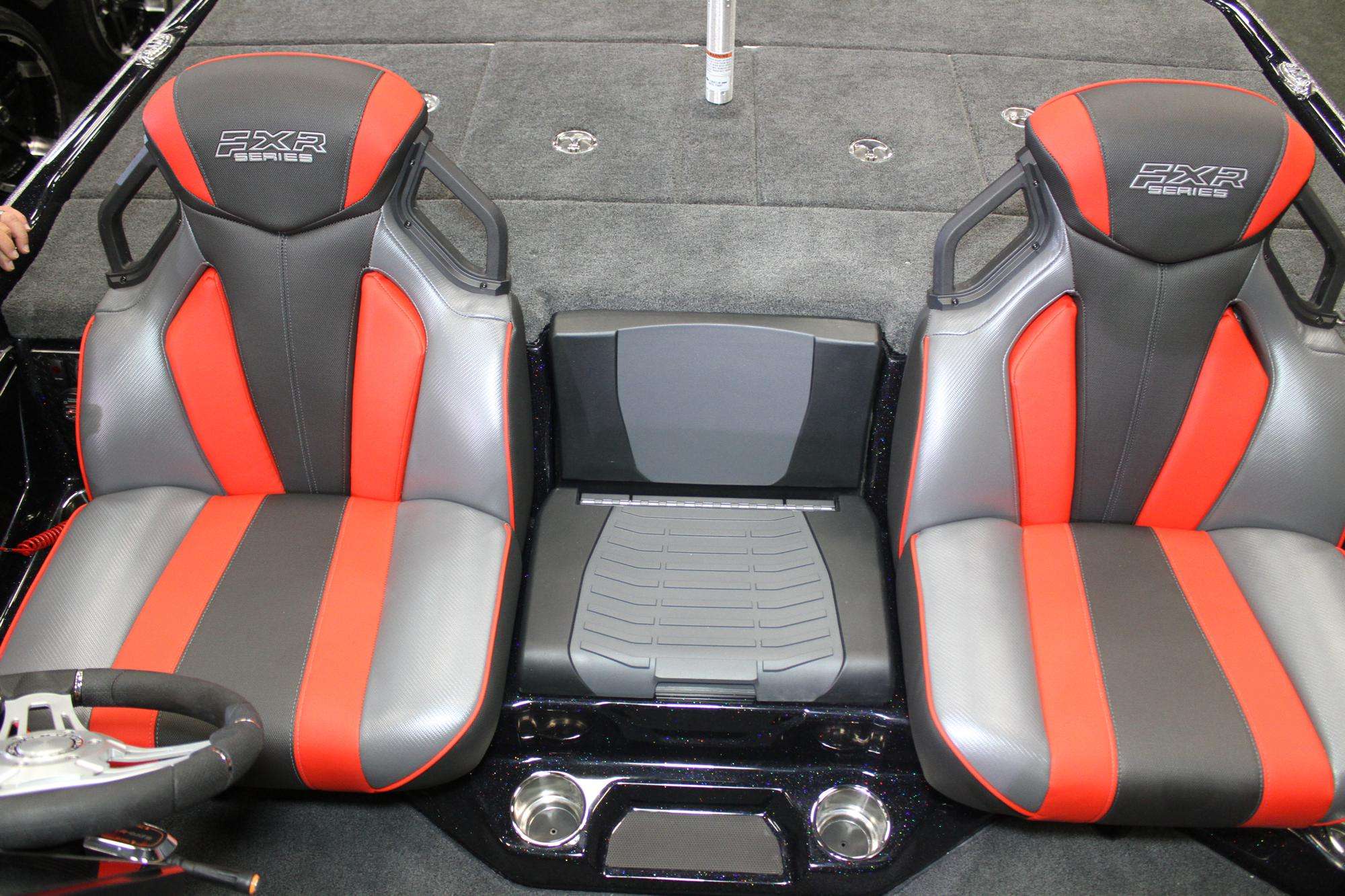 An overhead look of the new seats, and the cooler with a cushioned middle seat and molded fiberglass cup holders.