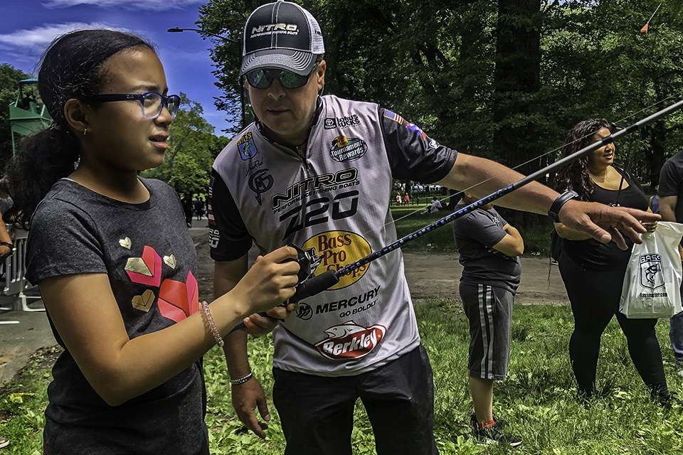 B.A.S.S. Nation volunteer, Joe Rodriguez, of the Great Falls Bass Club gave up a beautiful day that could have bene spent on the water to instead drive three hours into the city to teach casting skills.