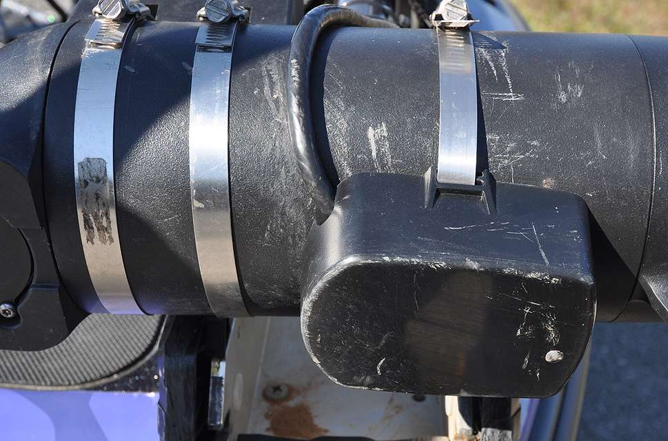 A Down Imaging transducer is clamped to the bottom of the electric motor. It connects to one of two Humminbird Solix graphs on the bow.