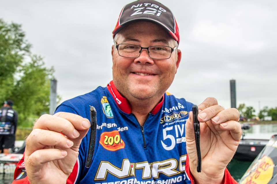 During cloudy weather he used a drop shot rig made from a 4-inch Zoom Z Drop, with 2/0 Gamakatsu Drop/Split Shot Hook, and 1/2-ounce weight. He also used a 1/4-ounce Five Fish Lures Ultimate Ned Jig, with 3.5-inch Zoom Beatdown Worm. 

