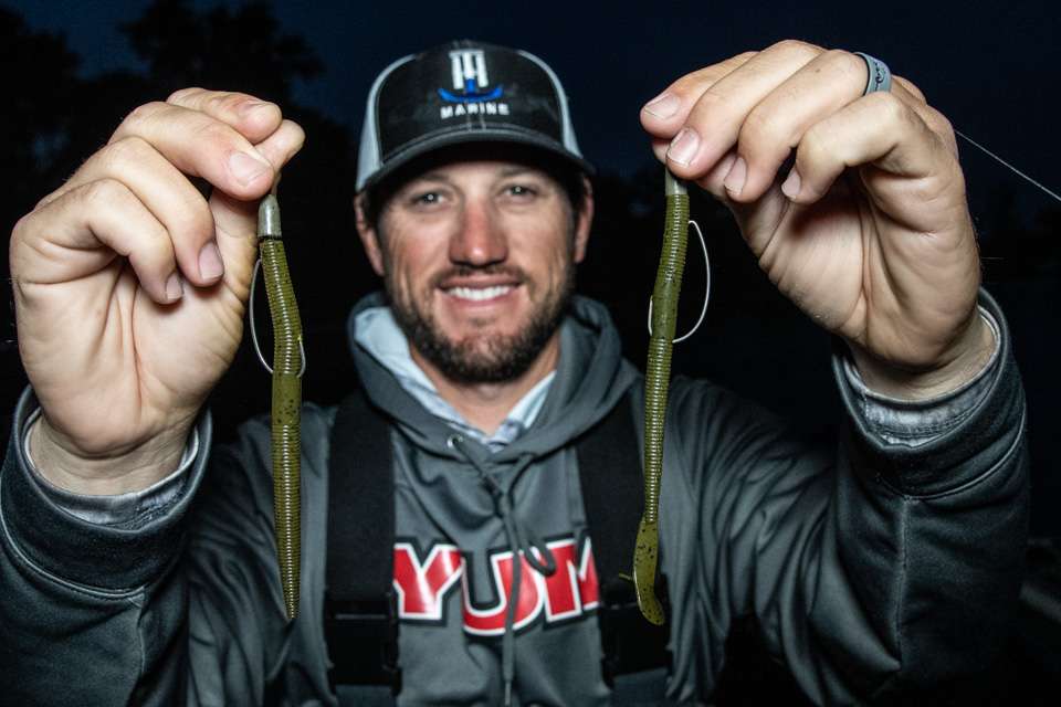<b>Stetson Blaylock (71-0; 8th) </b><br> Stetson Blaylock used these two soft plastic setups. A 5-inch Yum Dinger on 3/0 Gamakatsu G-Finesse Hybrid Worm Hook, with 5/16-ounce tungsten weight was a top choice. So was a 5-inch Yum Thumpinâ Dinger on 2/0 Gamakatsu G-Finesse Hybrid Worm Hook, with 1/4-ounce tungsten weight. Both baits were Texas rigged.  