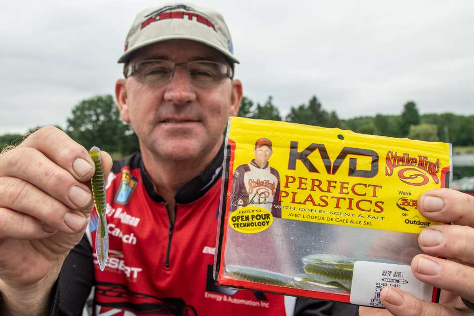 He made the drop shot from a 3.5-inch Strike King Drop Shot Half Shell, with No. 1 drop shot hook and 1/2-ounce Strike King Tour Grade Tungsten Drop Shot Weight. He fished the rig over current breaks in 28- to 32-feet of water. 
