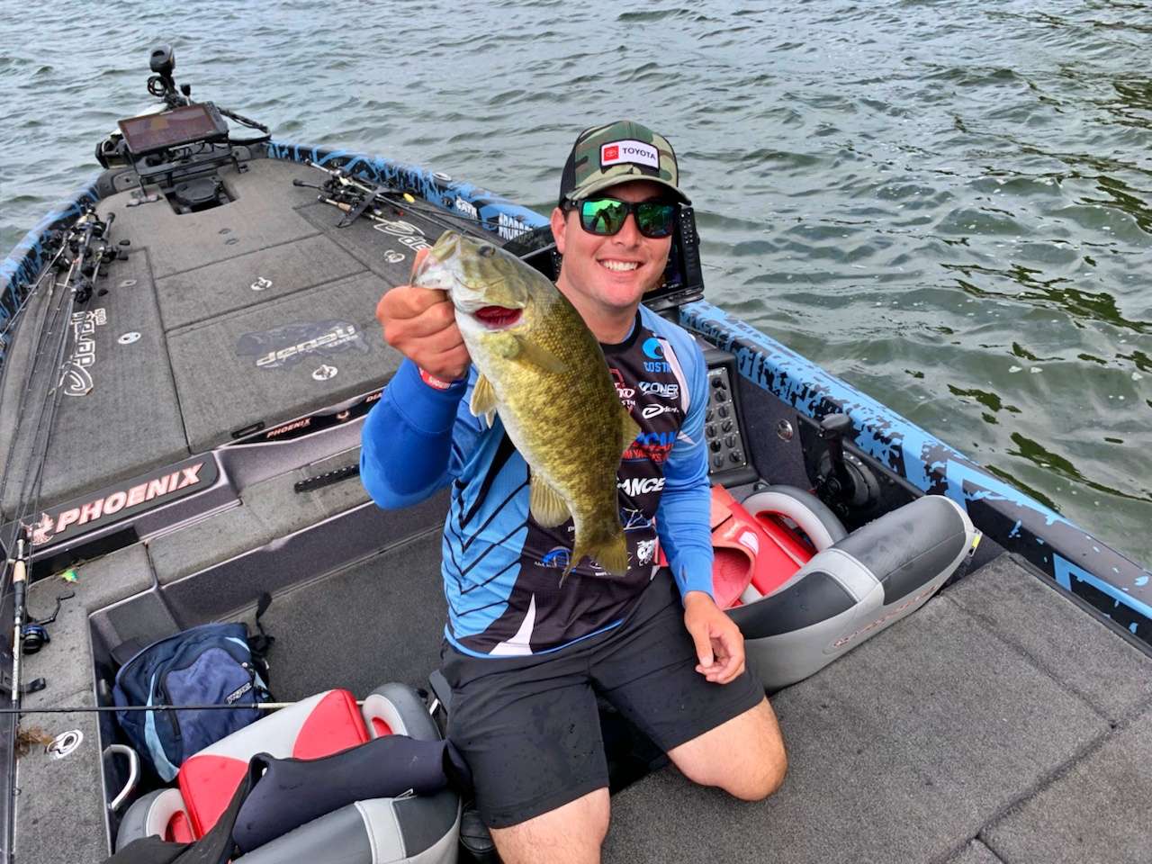 Day 3 begins for Tyler Rivet with his third fish of the morning, a 2lb smallie.  
