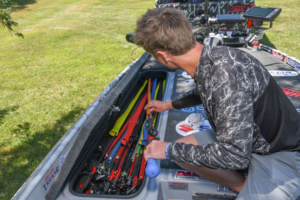 This is other âmeat box.â Pipkens layers rods in this cavernous storage compartment. âWhat Iâm not using in a given tournament I put on the bottom, then stack the active combos on the top.â 
