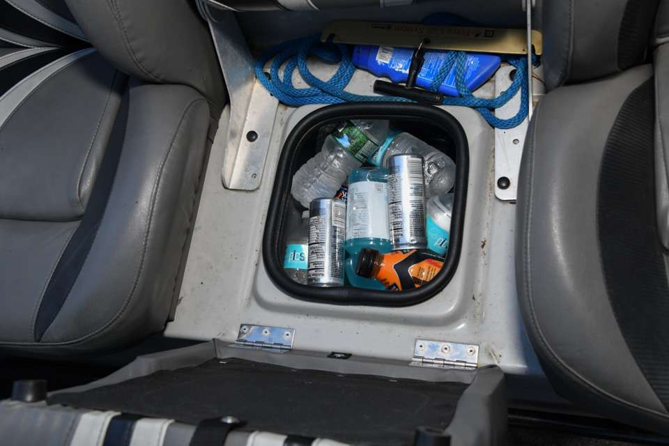 This is the center seat cooler. âI usually drink a dozen or more drinks during a tournament, and this cooler allows me to have quick access to them.â
