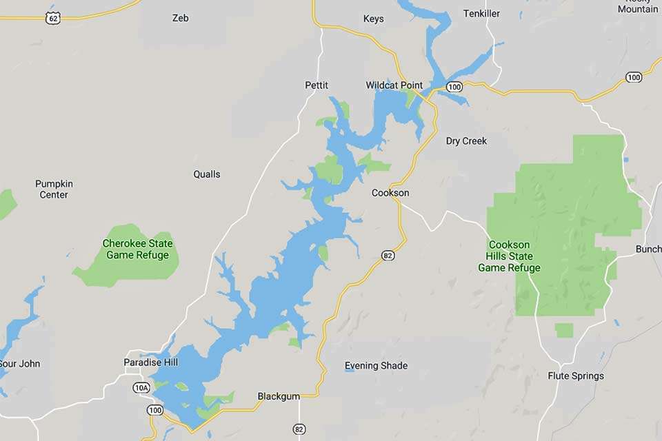 Tenkiller Lake is a 12,900-acre impoundment in the Cookson Hills of the Ozark Mountains about 75 miles southeast of Tulsa. The lake has 130 miles of shoreline.