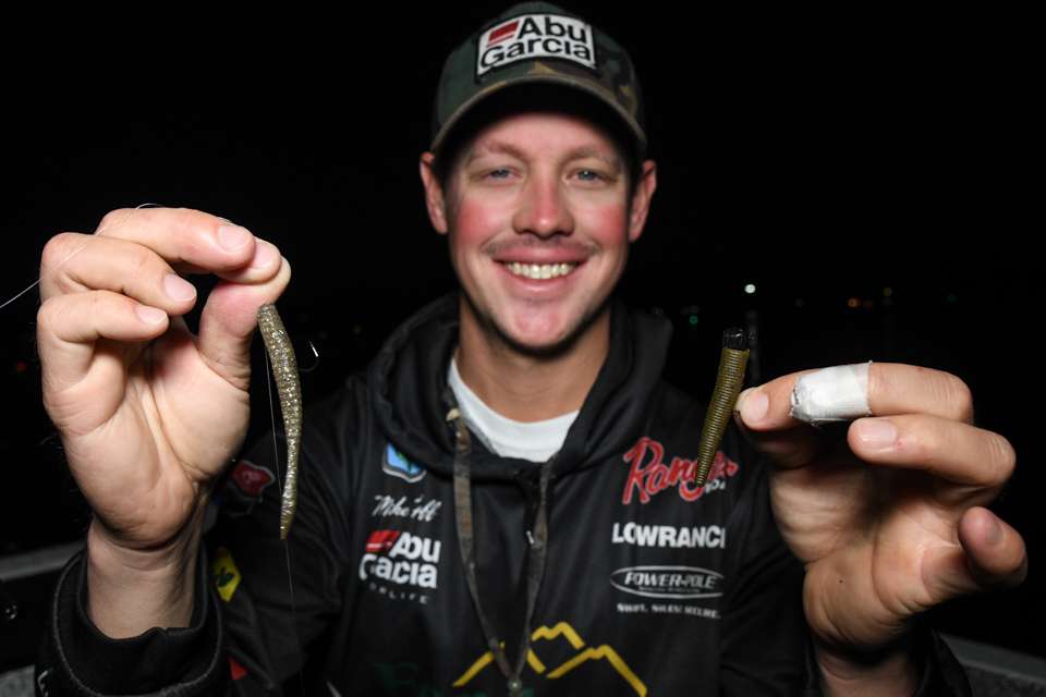 For the Ned rig he used a 1/4-ounce Cumberland Pro Lures Ned Head with one-half of a 4-inch Berkley PowerBait Maxscent The General Worm. For the dropshot he used a 3.6-inch PowerBait MaxScent Flat Worm, with No. 1 Berkley Fusion19 Hook and 3/8-ounce weight. 
