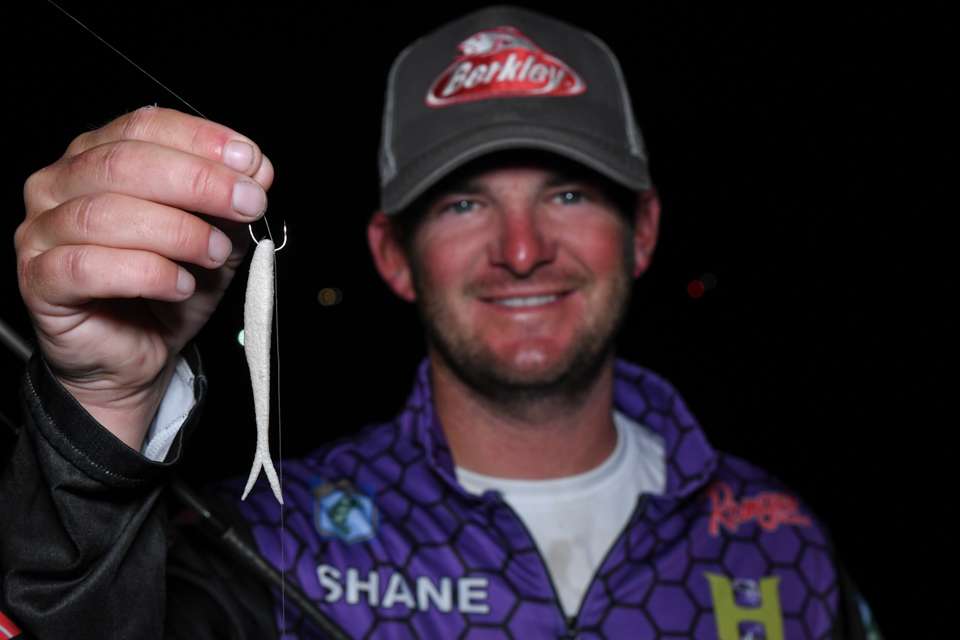 He made a dropshot with a 4-inch Berkley PowerBait Maxscent Flatnose Minnow, on Berkley Fusion Drop Shot Hook, with a drop-shot weight. 
