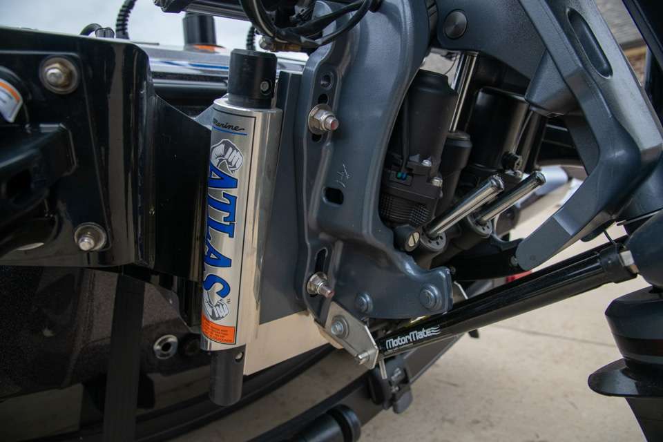 A T-H Atlas jack plate allows Carriere to adjust the depth of the lower unit to get the most out of his Yamaha.
<p>
Thanks for the tour, Tyler!