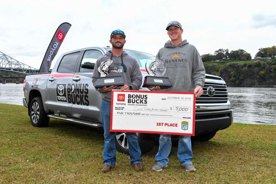 Austin Weaver and Zach Tubbs, winners of the Toyota Bonus Bucks Owners Tournament held on Pickwick Lake. 