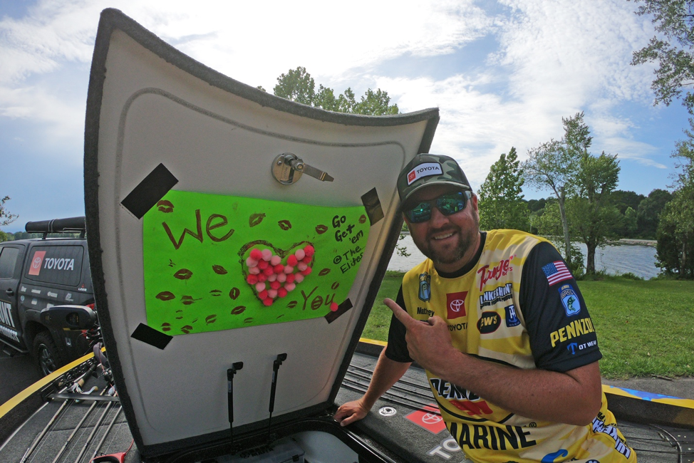 B.A.S.S. Elite Series pro Matt Arey and road warrior does more than phone home when on the tour. âMy wife and two daughters make me a new poster for every tournament. Itâs proudly displayed in my boat. My wife started it and theyâve done it my entire 12-year career.â 