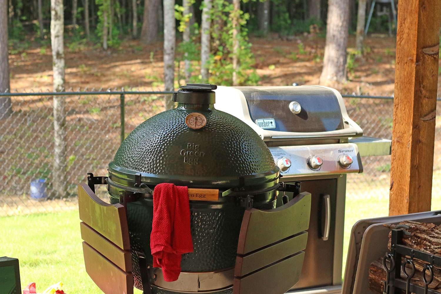 He's got a regular gas grill, a charcoal grill somewhere, a Green Egg and a Masterbuilt smoker. He's prepared for just about anything.