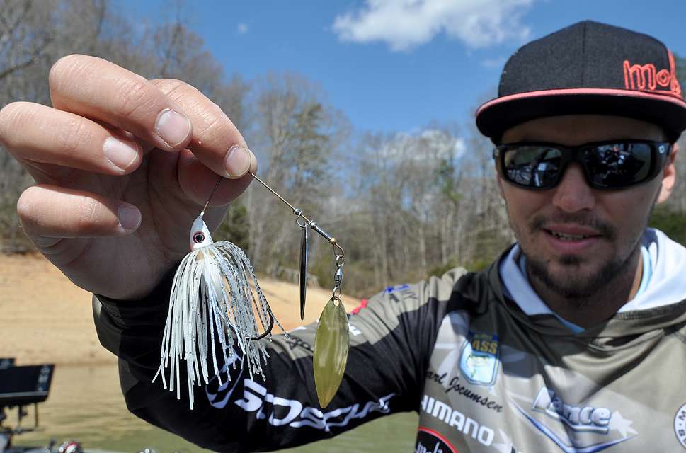 It is a 1/2-ounce Bassman TW Series spinnerbait sporting tandem willow leaf blades and a translucent, shad-imitating skirt. Half of the lead weight is molded to the hookâs shaft under the skirt to give the spinnerbait a smaller profile. Jocumsen recommends this spinnerbait for clear water conditions.</p>
<p>âBassman spinnerbaits are made in Australia,â Jocumsen said. âThey became my first sponsor when I was 15 years old. The brown wire looks more natural to the fish, and it angles up from the head so the spinnerbait runs horizontally in the water.â
