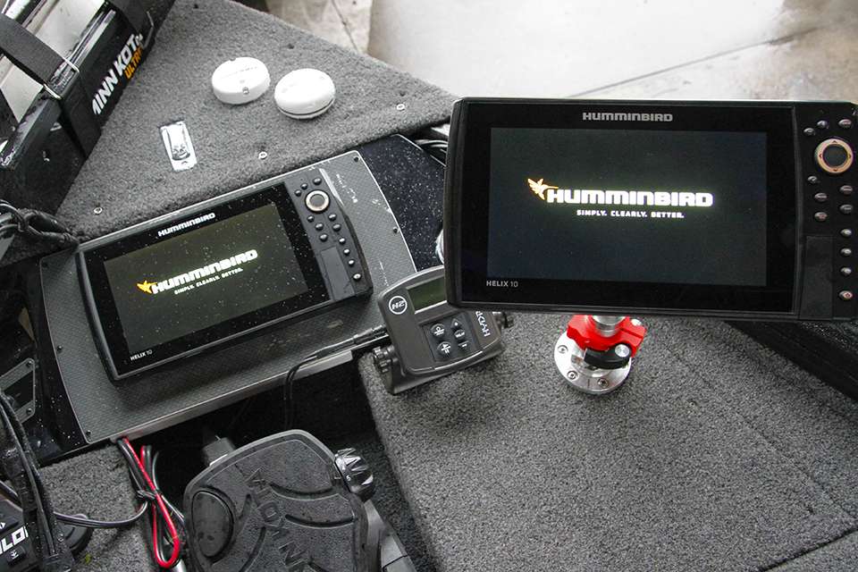 Up front he runs two Humminbird Helix 10s.