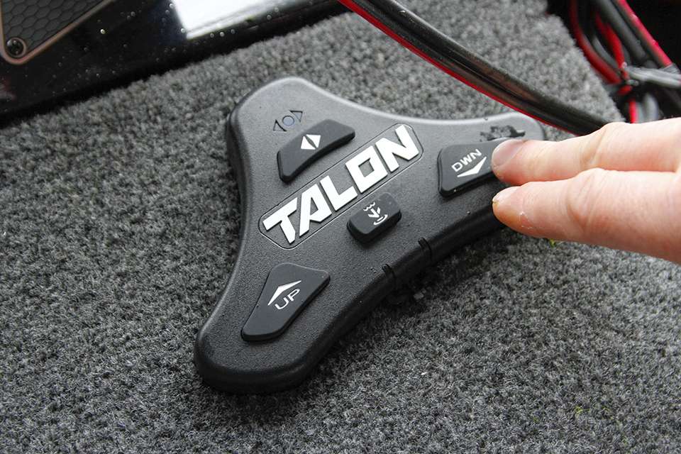 His Talon anchor buttons are on the left of his trolling motor foot pedal.