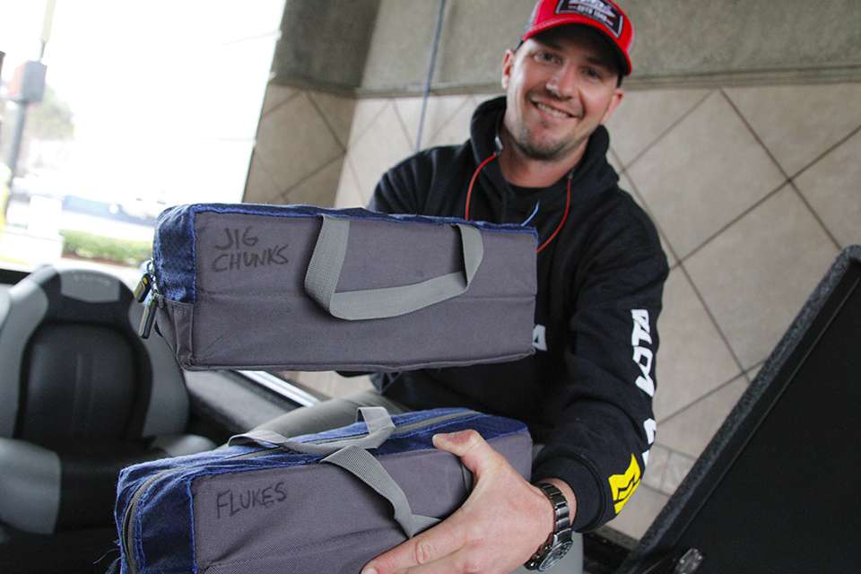 He keeps soft zippered bags with a marker for labeling what is inside. For instance, jig trailers and fluke style baits.