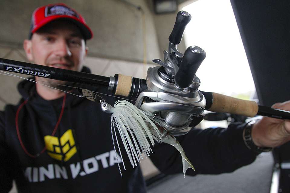This is one of his favorite setups in his rod locker. It's a Z-Man Jackhammer Chatterbait with a Razor Shadz as the trailer. Thrown on a Shimano Expride rod and Metanium DC reel.