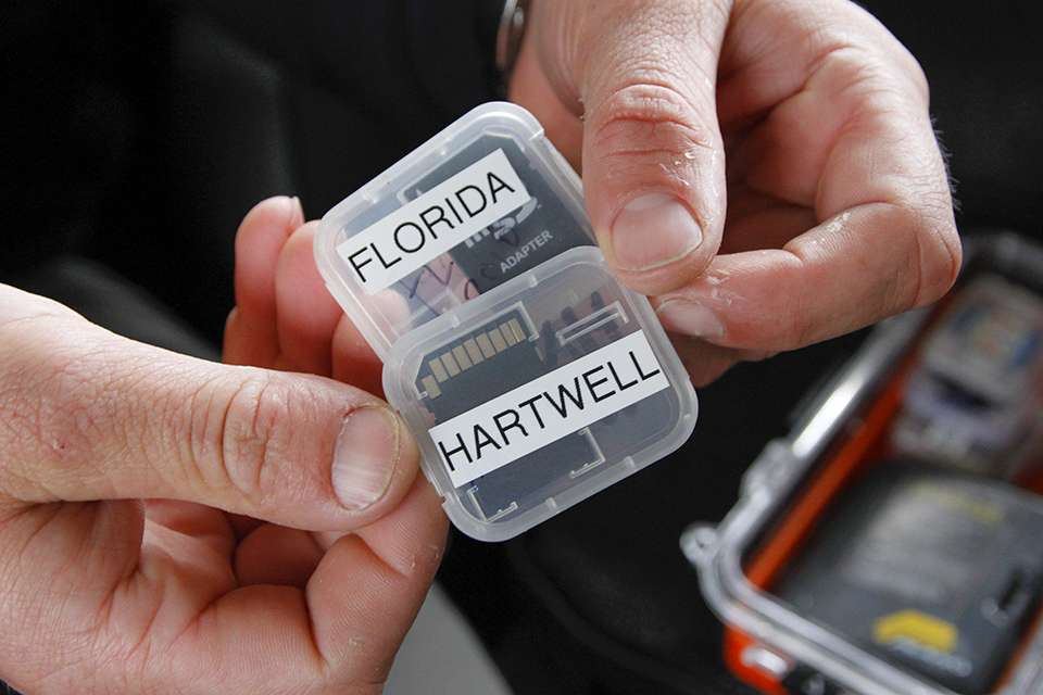 He has SD cards with previous tournament history and waypoints from when he has fished lakes in the past. One is for all the Florida lakes and the other for Lake Hartwell.