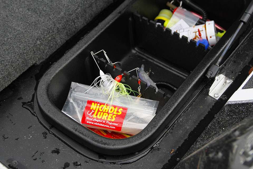 In his day box he has a few things that he will store there and change out each day. There is a Nichols Lures spinnerbait and a buzzbait.