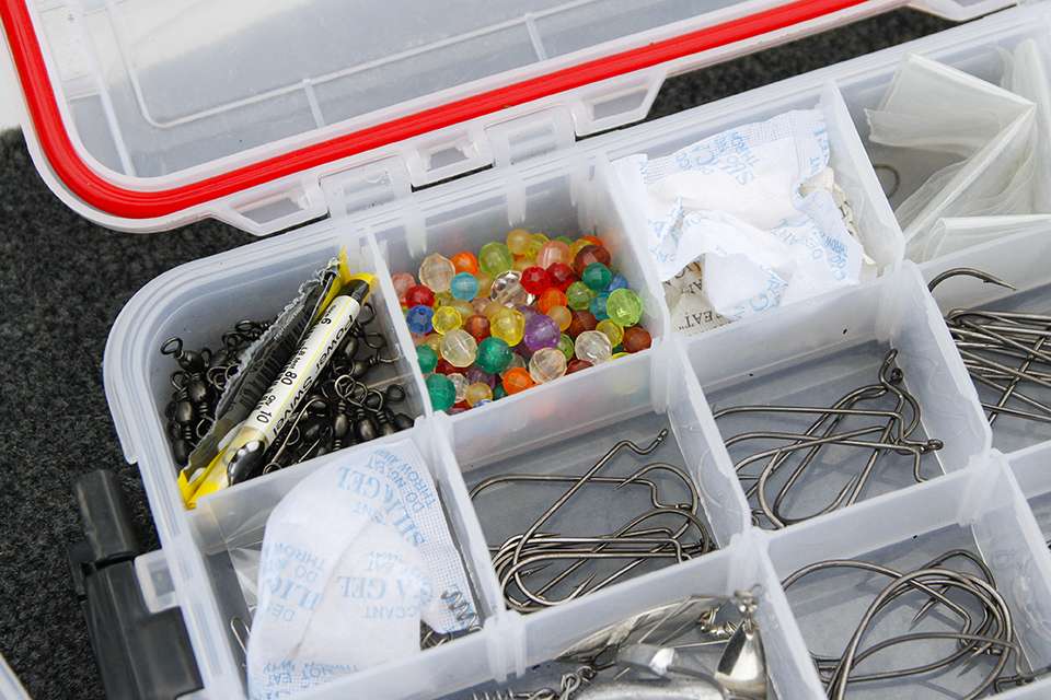 Within the hook box he has some accessories like barrel swivels and beads for a Carolina Rig and flipping at times.
