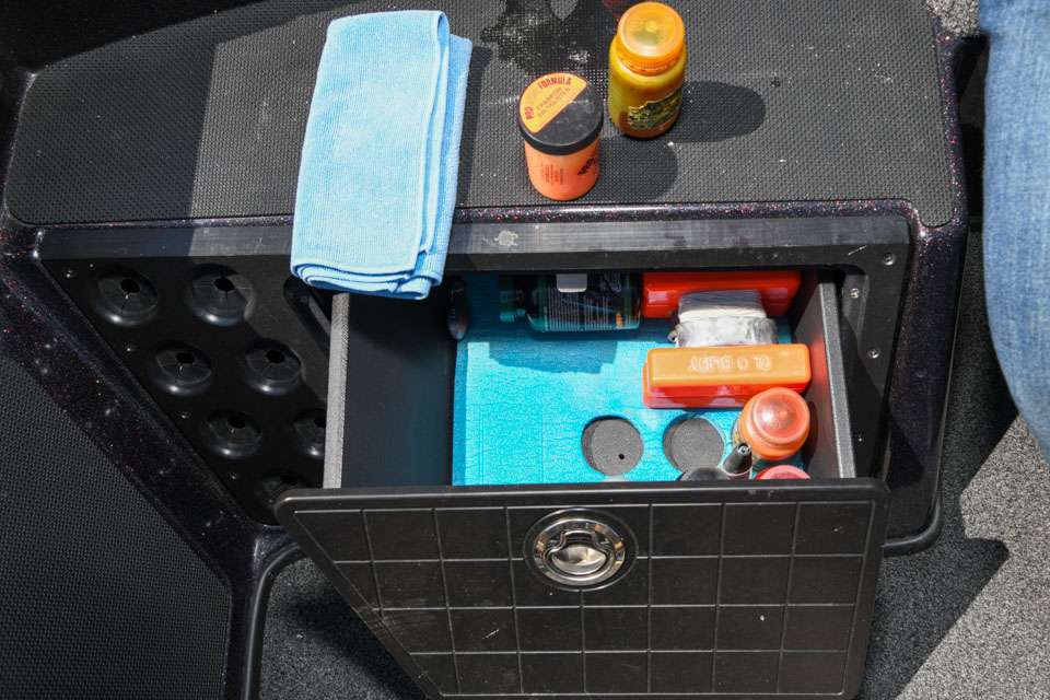 Snowden uses has customized this handy compartment to store not only things like a marker buoy but his bottles of lure dyes and scents. âI get foam padding you can get at Walmart âa yoga mat works really well â and measure it for my dyes and scents,â he said. âIt keeps all your bottles upright so they donât roll all around and theyâre easy to get to.â