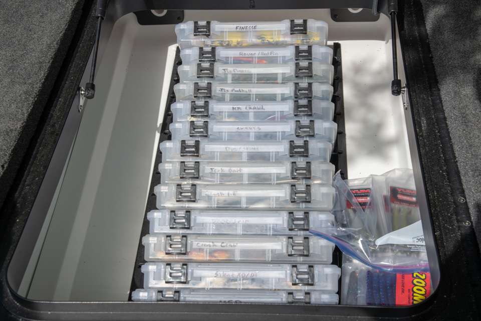Hudnall clearly marks every neatly organized tray so he can grab lures without wasting a lot of time digging around. Thereâs still plenty of room for extra bags of lures and terminal tackle.