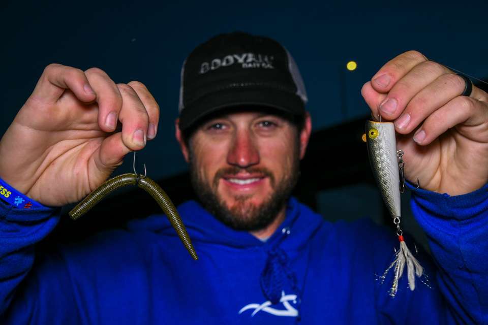 Blaylock carried over lures used for a second-place finish at Lake Hartwell. Those choices were a Rebel Pop-R P70 and Yum Dinger stickbait. He fished it wacky-rigged on two hook styles. A No. 1 Gamakatsu G-Finesse Drop Shot Hook and 1/0 Gamakatsu G-Finesse Weedless Wacky Hook were the choices. He fished it weightless or with a tungsten nail weight depending on the depth of the spawning beds. 
