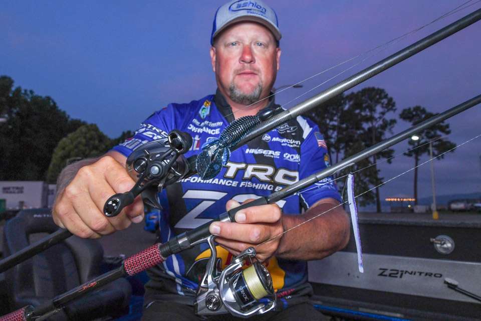 Jamie Hartman scored the win with this lineup. A top choice was a 4-inch Riot Baits Fuzzy Beaver (Blue Steel), on 5/0 Owner 4x Jungle Flippinâ Hook with 1.25-ounce weight. Hartman also used a new 4.75-inch Riot Baits Synth Worm designed by he and fellow Elite Series pro Greg Diplama. Hartman used a 1/0 Owner All Purpose Worm Hook and 3/8-ounce pencil weight to complete the drop shot rig. 
