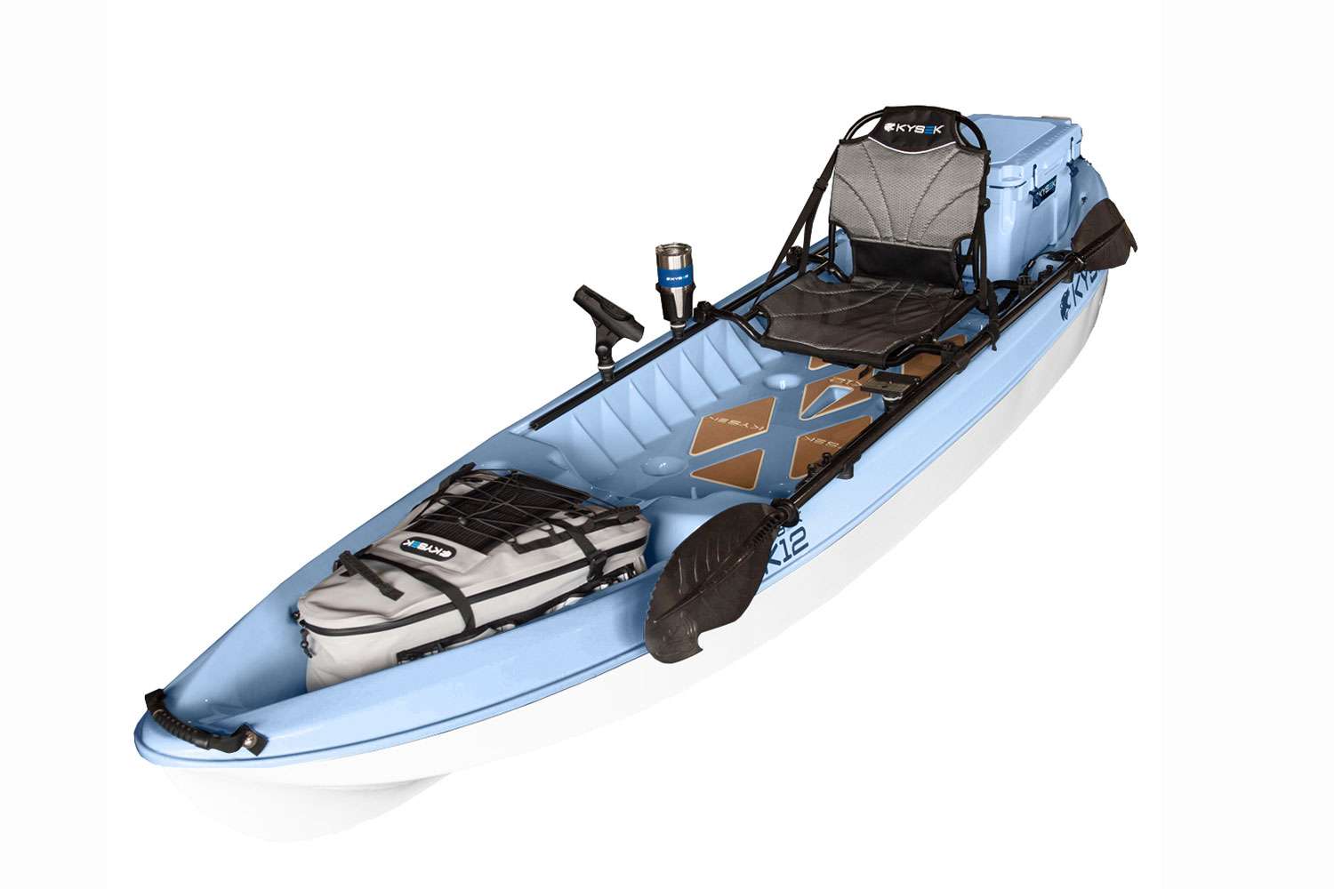 <p><b>Kysek K12 Kayak</b></p>
The Kysek K12 kayak is made of thermoformed ABS plastic, which makes it lighter and more abrasion resistant. The K12 comes standard with a custom dry bag, 25L Kysek ice chest, extra large seat, flush-mounted rod holders and more. Fish seated or standing, this kayak offers anglers with the most stable and comfortable experience on the water. <br>
<p><b>MSRP: $2,995</b></p>
<a href=
