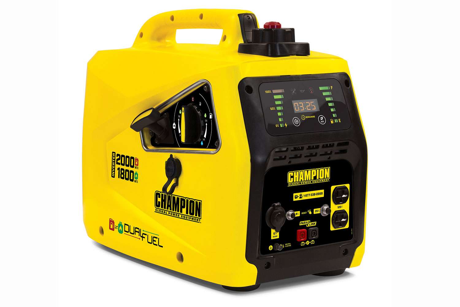 <p><b>Champion 2000-Watt Dual Fuel Inverter Generator</b></p>
This Champion Power Equipment inverter generator is ideal for camping, tailgating, powering items around the RV or providing backup for a few basics. This unit is not recommended for emergency home backup. It can be operated on either gasoline or propane. The EZ Start Dial takes the confusion out of starting an engine, plus it allows you to switch fuels with a quick turn of the dial. Cold Start Technology ensures a quick start in cold weather. The digital power panel includes a low oil level indicator and monitors power output, fuel level, total run time and fuel life, receptacle status, economy mode and maintenance. Champion minimizes the hassle of refueling in the dark with Fuel Fill Assist LED, a push-button LED built right into the handle to illuminate the gasoline fill area. Using gasoline, the 80cc Champion engine produces 2000 starting watts and 1600 running watts, and will run up to 11 hours at 25% load when the 1.1 gallon tank of gasoline is full. Using propane, it produces 1800 starting watts and 1440 running watts.  Including two 120V 20A household outlets, a 12V DC outlet, and a dual port USB adapter, this inverter operates at 53 dBA from 23 feet â about the same noise level as a dishwasher.<br>
<p><b>MSRP: $633.60</b></p>
<a href=
