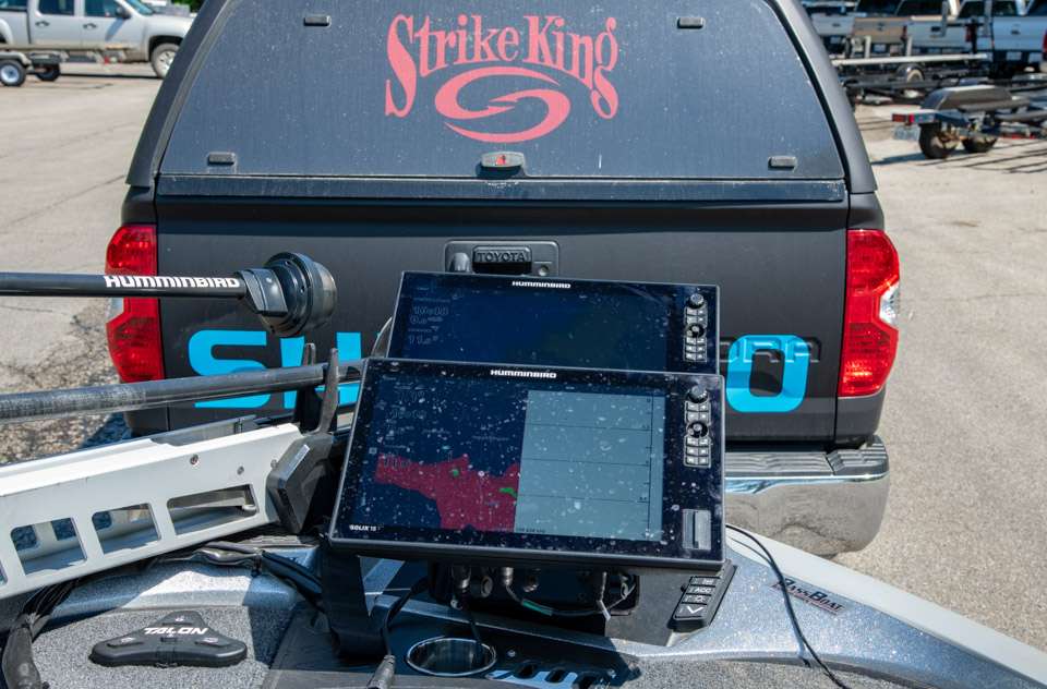 Two Humminbird Solix 15s are mounted on the bow of his Ranger so he can easily view charts, sonar, down and side imaging and 360 sonar. 