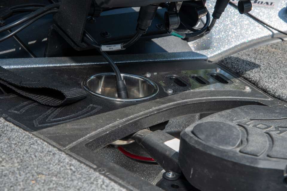 A cup holder and tool slots are just in front of the trolling motor foot pedal to keep necessary equipment close at hand.