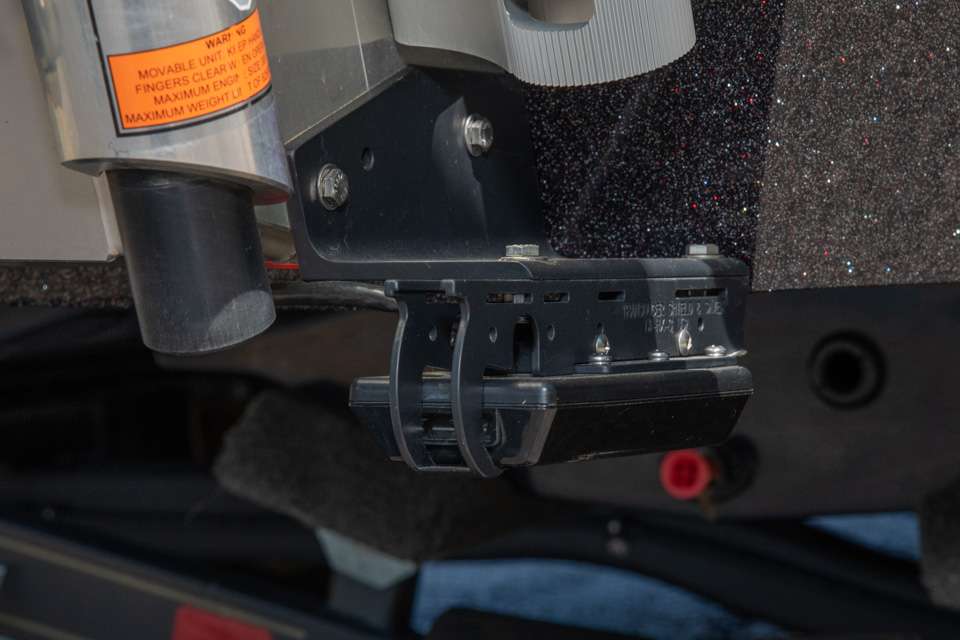 A Humminbird down-imaging transducer is mounted to the jack plate.