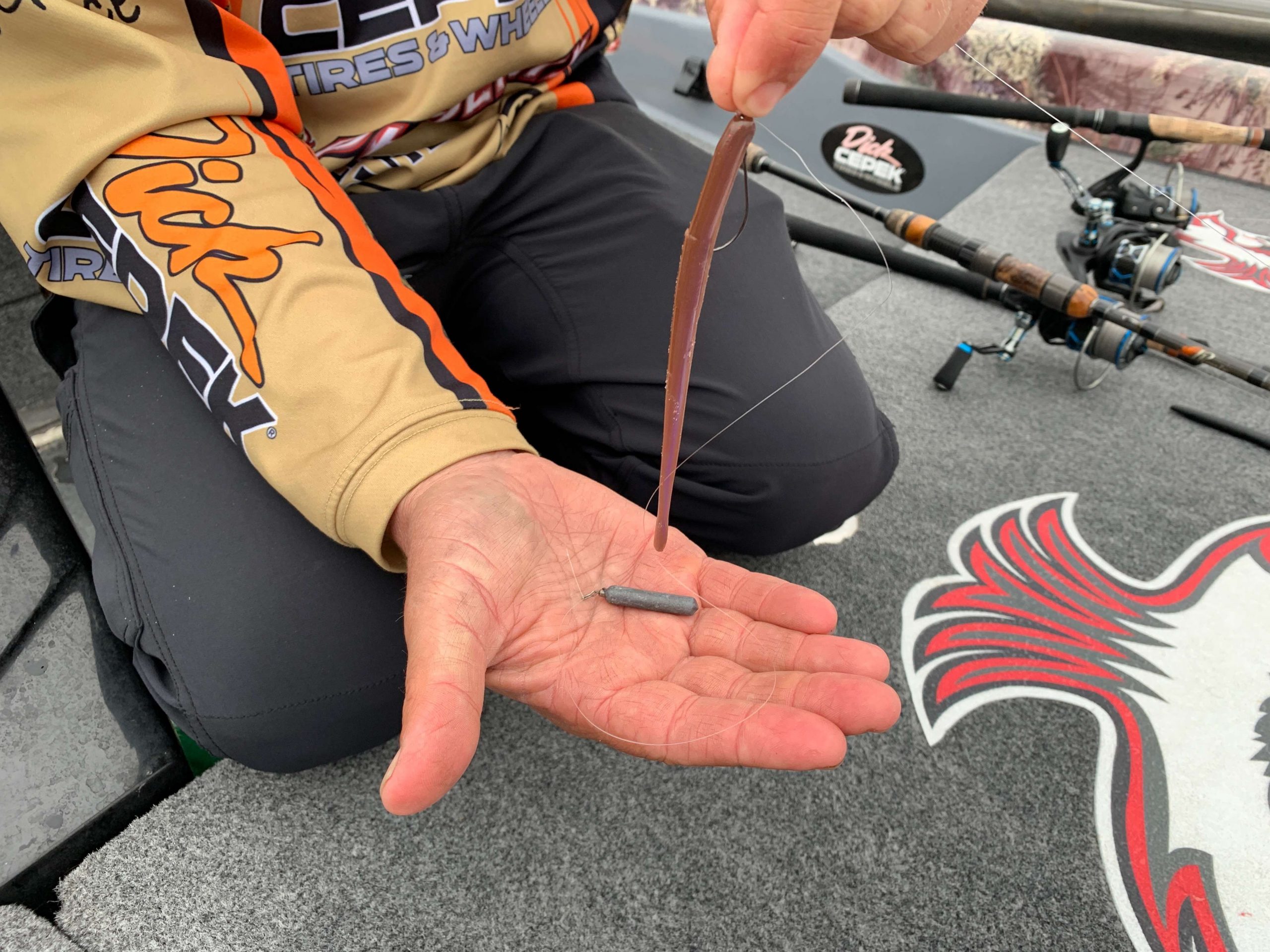 <h4>1. Drop Shot</h4>
Calling this iconic rig his number one go-to, Pirch said heâll employ a dropshot â usually with a 4 1/2- to 6-inch finesse worm â mostly for target-oriented fishing. However, heâs confident in the dropshotâs ability to earn tough bites, especially when heavy fishing pressure squeezes down the opportunity level.
<BR><BR>
âThe nice thing is you can rig it Texas style for fishing around cover, or with a nose hook or wacky style for open water,â he said. âIt just depends on where youâre fishing.â
<BR><BR>
As for leader length, Pirch says this: âI keep it simple, but if your line is leaning at an angle on a long cast, you can go longer on the leader to keep bait off bottom. Also when you want to present your bait above cover, a longer leader can help. Most of the time, you canât go wrong with a 12- to 14-inch dropshot leader.â