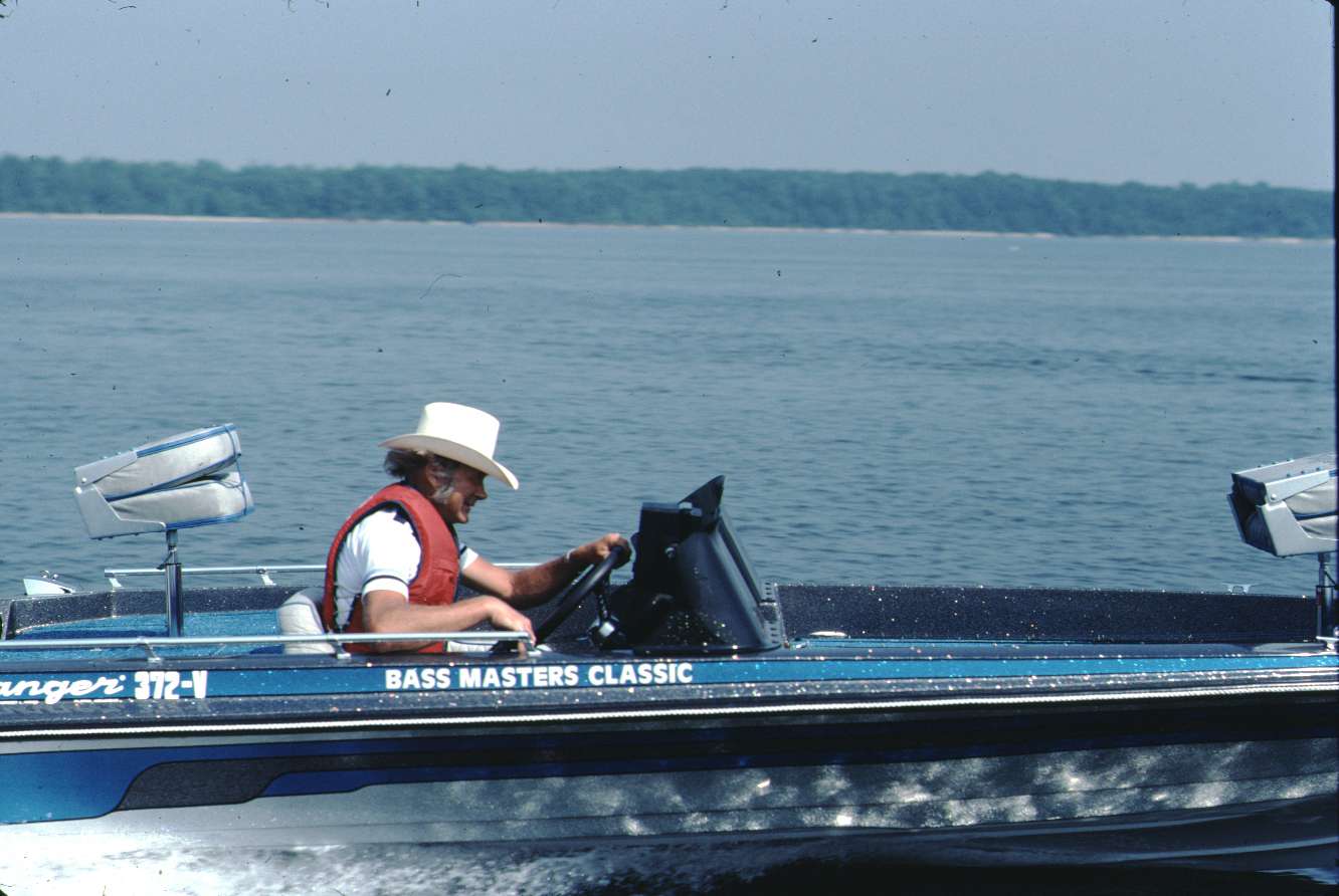 While Wood competed in two Classics, he was always there to promote Ranger. A special interest was working with the outdoor media. In this 1982 photo he is demonstrating the Classic boat for a photo shoot. 