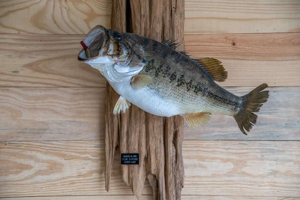 One of the trophies on the wall is the mount of a 12-pound, 13 1/2-ounce bass Carriere caught when he was a high school senior in North Louisiana. He played hooky one day to go fishing at Caney Lake, which at the time was pumping out state-record bass. He was forced to come clean when he landed this monster bass.
