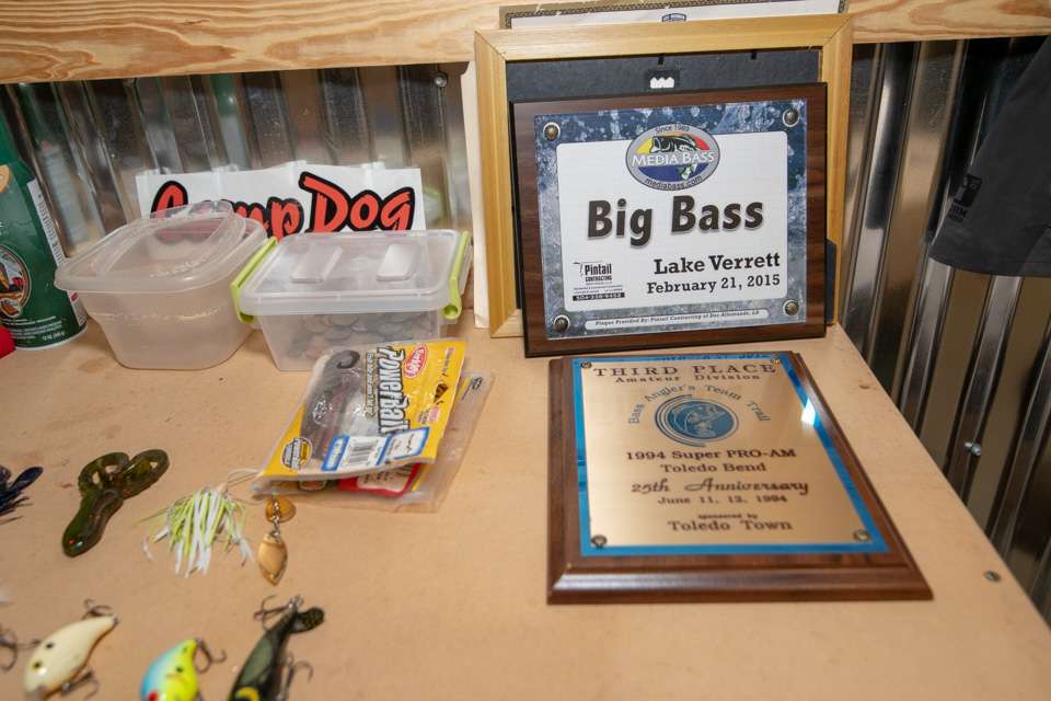 Plaques from his early days as a tournament angler serve as reminders of Carriereâs prowess on the water.