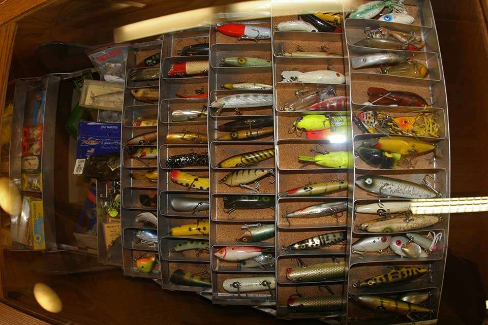 In a glass case sits a tackle box full of lures. Forrest and Nina were known to ply local waters for most all species, and they had an affinity for smallmouth in the local streams. 